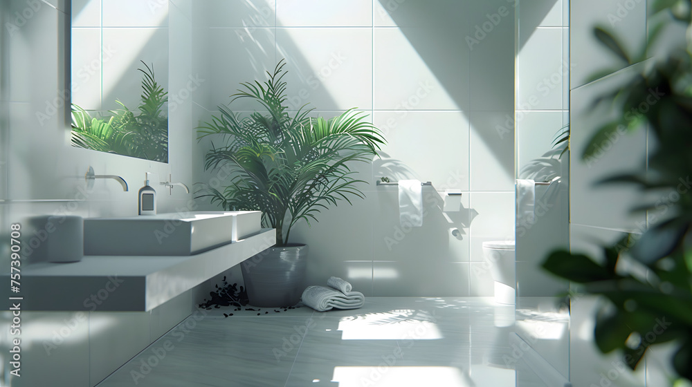 Clean and fresh bathroom with natural daylight, greenery, and stylish minimalist design for a peaceful ambiance Clean and fresh bathroom with natural daylight, greenery, and stylish minimalist design for a peaceful ambiance