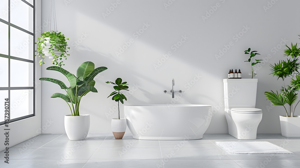 Bright white bathroom enhanced with lush greenery and ample light providing a refreshing daily retreat