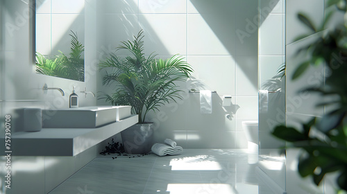 Clean and fresh bathroom with natural daylight  greenery  and stylish minimalist design for a peaceful ambiance