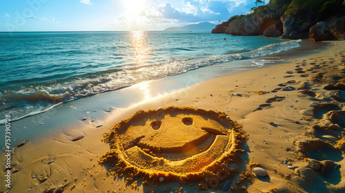 Aerial view of beach shore with happy smiley face draw in the sand in summer. Summer holidays concept photo