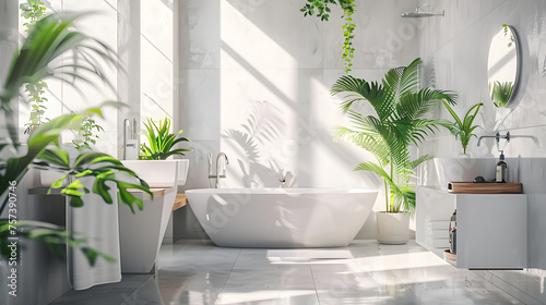Contemporary bathroom featuring ample sunlight  reflective surfaces  and vibrant plants emphasizing tranquility