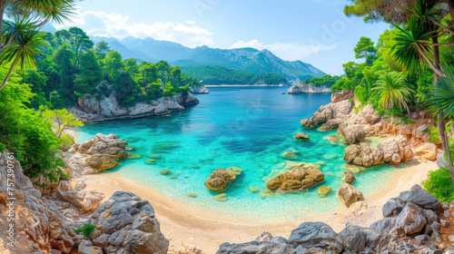 touristic scenery of a idyllic beach with a clear blue ocean and a rocky shore