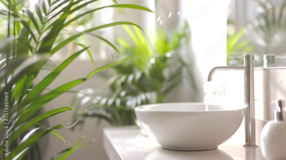 A detailed close-up of a basin with reflective water and green leaves, focusing on tranquility A detailed close-up of a basin with reflective water and green leaves, focusing on tranquility