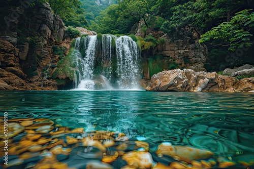  A cascading waterfall amidst lush foliage, descending into a hidden mountain pool 
