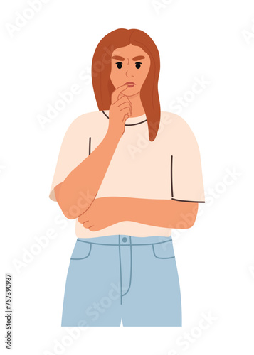 Thoughtful, pensive or making decision girl. Modern vector flat illustration.