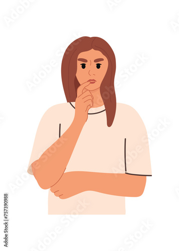 Thoughtful, pensive or making decision girl. Modern vector flat illustration.