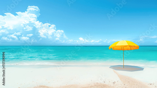 minimalist image of a yellow umbrella in the beach shore in summer. Feeling of relaxation and rest in vacation © Sheila