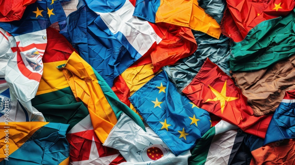 A pile of flags. The flags are from different countries A pile of flags. The flags are from different countries