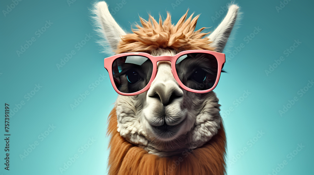 Fototapeta premium A stylish llama wearing sunglasses against a vibrant background