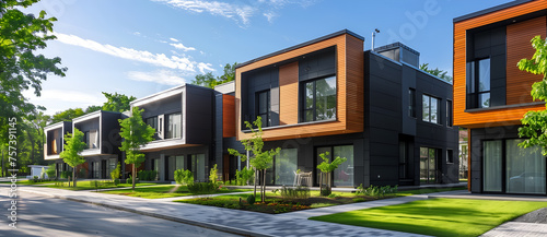 Modern row of new wooden townhouses with black and gray panel walls, green trees in front yard © Ployker