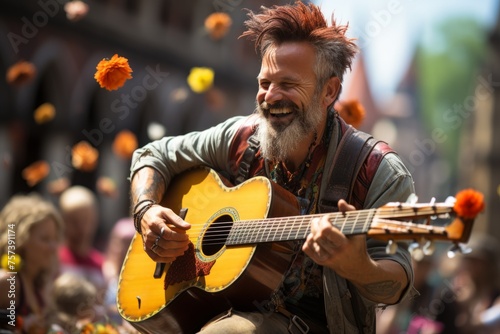 Bearded guitarist smiling while playing acoustic guitar for a crowd