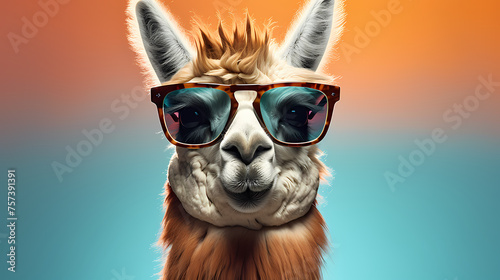A stylish llama wearing sunglasses against a vibrant background photo