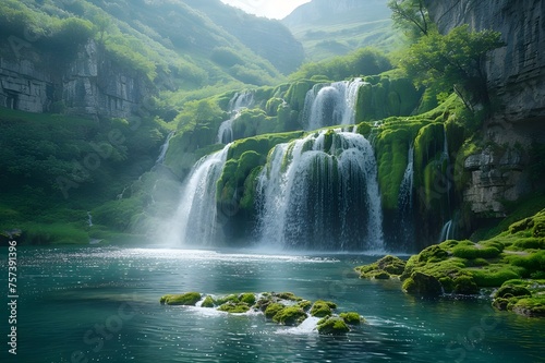 peaceful river meandering in a verdant valley  A computer-generated image of a magical mountain valley with tumbling waterfalls in the middle of a lake surrounded by mountains. A forest waterfall