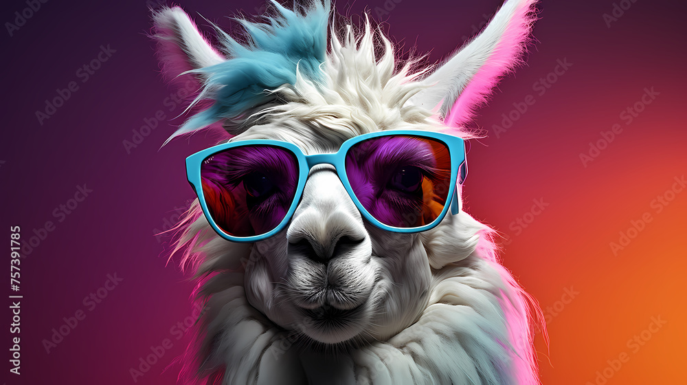 A stylish llama wearing sunglasses against a vibrant background