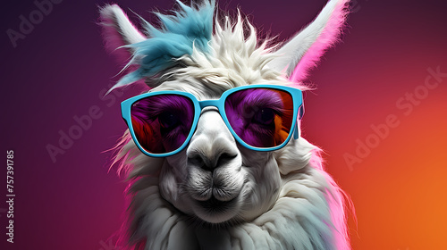 A stylish llama wearing sunglasses against a vibrant background © xuan