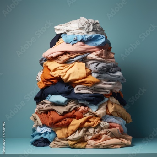 Towering stack of neatly folded colorful laundry against a blue background.