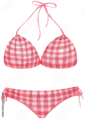 Pink checkered pattern two piece bikini swimsuits watercolor style for Decorative Element