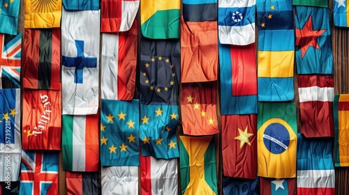 A colorful collage of flags from around the world. The flags are pasted together, creating a unique and artistic display. Scene is one of diversity and unity