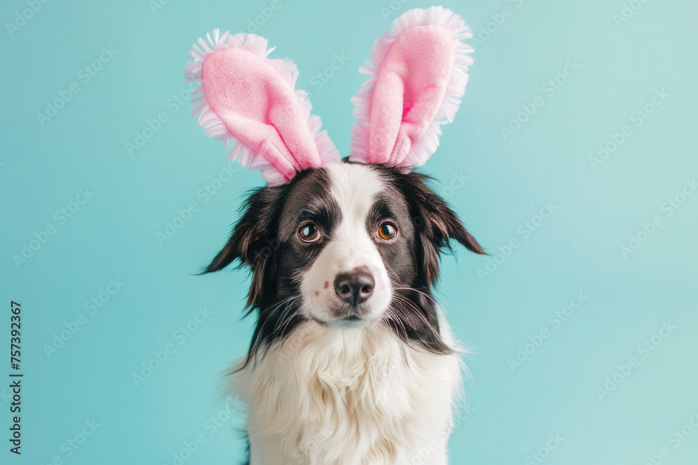 Fototapeta premium Cute Australian Shepard Dog wearing Easter Bunny Ear on a Blue Background