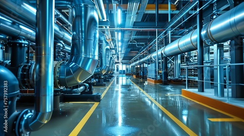 photo of an industrial interior with stainless steel pipes and machinery, a blue color theme, yellow lines on the floor, 