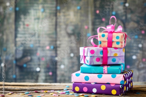 Colorful Birthday Gifts Wrapped with Ribbons and Bows, Creating a Festive Atmosphere and Excitement Concept