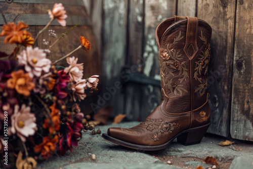 rustic western leather cowboy boot with floral embroidery near autumn flowers 