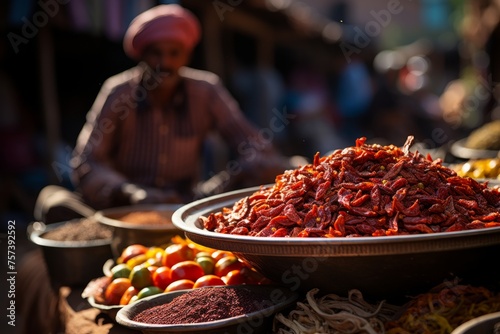 Man selling food ingredients like chile de rbol and cayenne pepper at a table photo