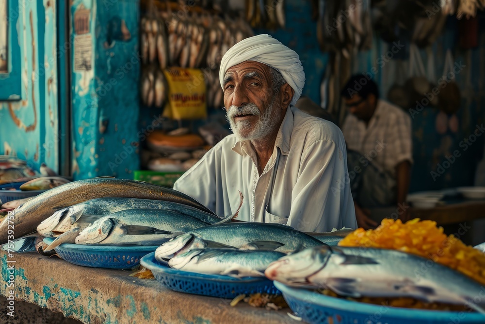 Arabian fish seller market. Eastern fisherman trading seafood on bazaar. Generate ai