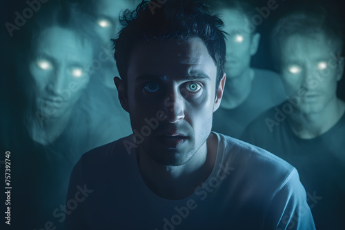 Intense, frightened look of a man in a dream surrounded by monsters, ghosts of otherworldly forces, demons, ghosts, poltergeists.