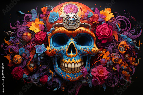 Illustration of an inhuman skull on a black background, for using a print on clothes, magic stickers,tattoo, photo