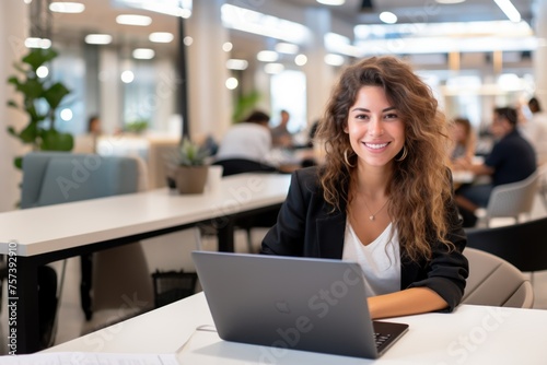 Smiling woman with curly hair working on laptop in office. Female, likely Middle Eastern descent. Concept: professionalism, technology.