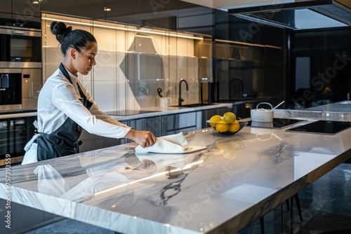 Woman cleaning a marble countertop in a modern kitchen. Female, appears Asian. Concept: cleanliness, domestic work.