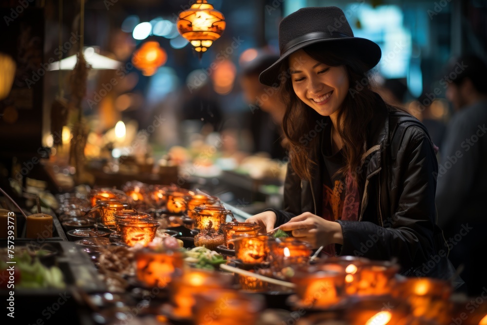 A woman in a sun hat is smiling at a table with candles at a city event
