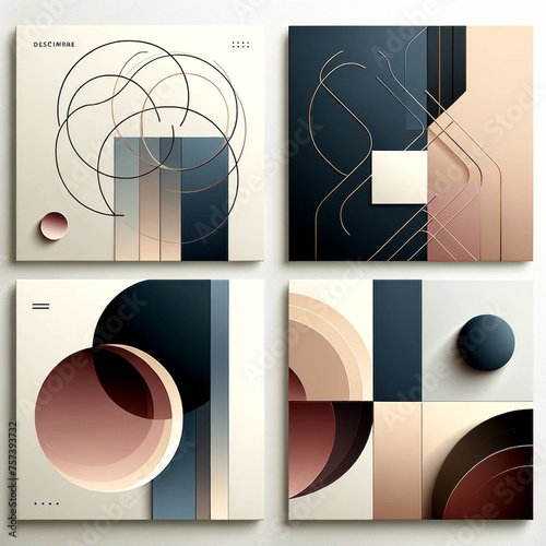 Modern abstract designs featuring geometric shapes, curvilinear lines, and pastel color palettes