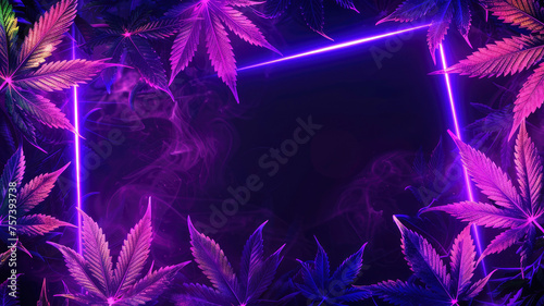 neon frame purple cannabis leaves bright cannabis weed