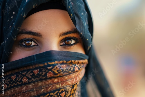 Portrait of Arabic woman face in veil. Beautiful Muslim female in traditional hijab scarf. Generate ai