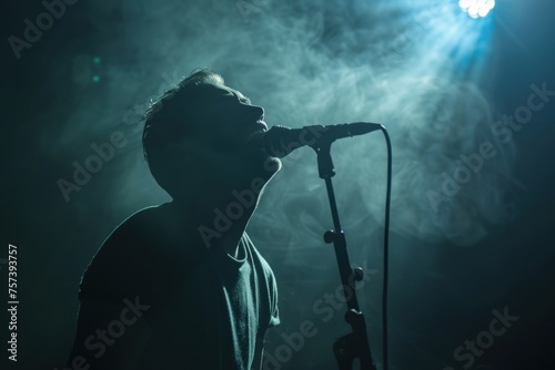 A man singing into a microphone with smoke in the background. Scene is dark and mysterious