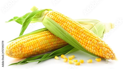 Fresh corn cob with green leaf isolated on white