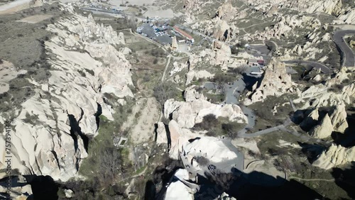 Aerial view of  Cappadocia Goreme Open Air Museum on a sunny day.