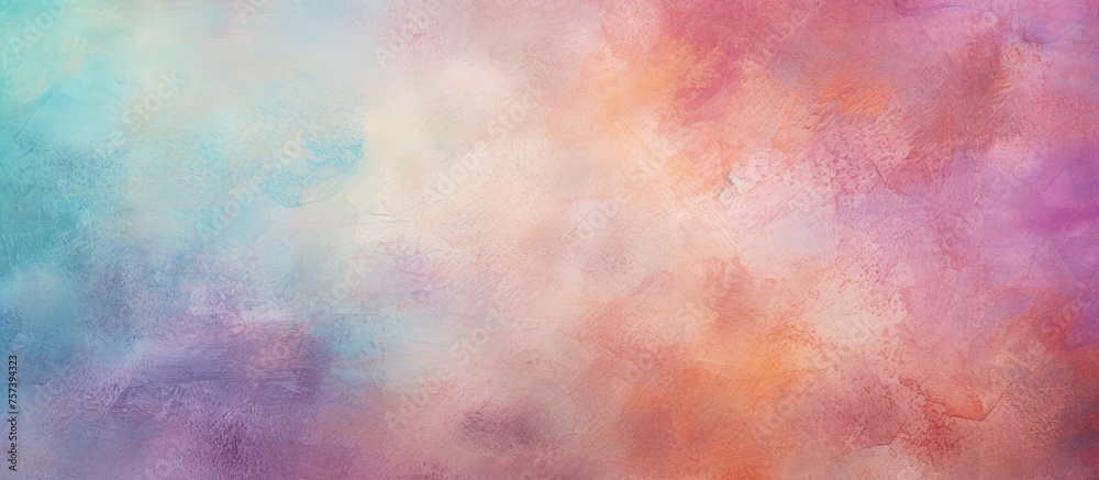 The art depicts a serene sky with tints and shades of purple, pink, magenta, and peach creating a calming pattern of clouds and a rainbow