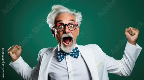 Elderly man with white hair, wearing glasses and bow tie, expressing an ecstatic victory pose against a green background.