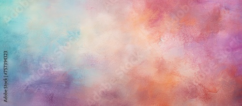 The art depicts a serene sky with tints and shades of purple, pink, magenta, and peach creating a calming pattern of clouds and a rainbow