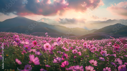 Beautiful Cosmos Flower Field in Vibrant Colors Under Clear Blue Sky, Serene Nature Landscape with Blossoming Flowers, Generative AI