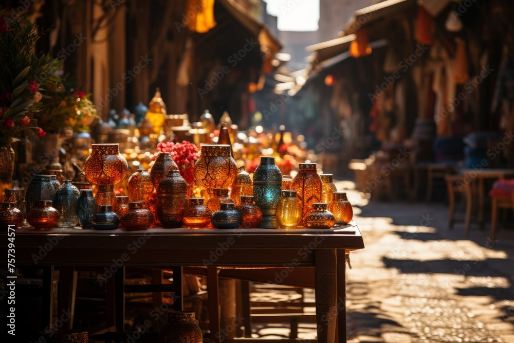 A table decorated with vases and candles in a narrow city street