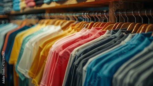 a rack of colorful t-shirts in various colors and styles, neatly arranged on wooden hangers inside a store, retail shopping concept