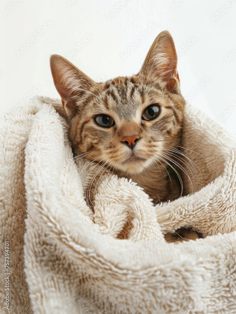 A cozy tabby cat wrapped in a soft towel A cozy tabby cat wrapped in a soft towel