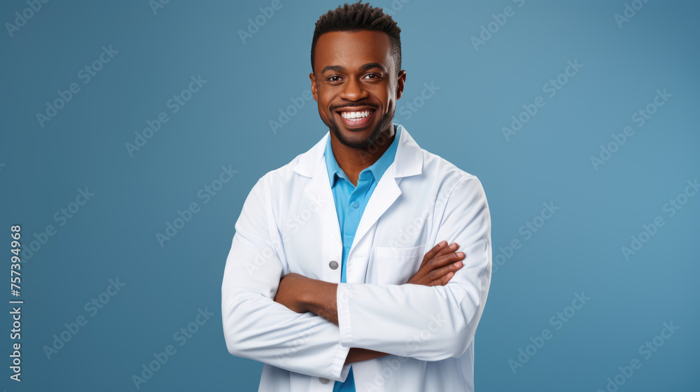 Smiling doctor wearing a white lab coat with a stethoscope around his neck, standing confidently against a colored background. Smiling doctor wearing a white lab coat with a stethoscope around his neck, standing confidently against a colored background.