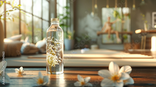 A serene setup with a bottle containing flowers, artistically placed amid foliage and art photo