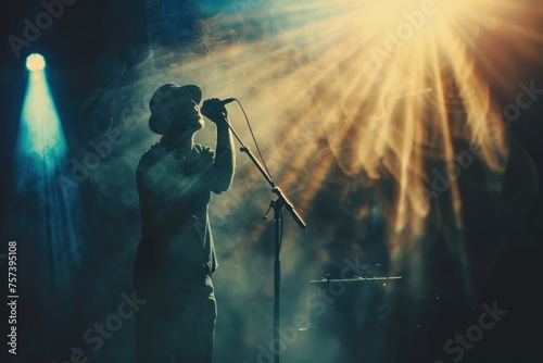 A man singing into a microphone in front of a lighted stage. The stage is dimly lit and the man is silhouetted against the light