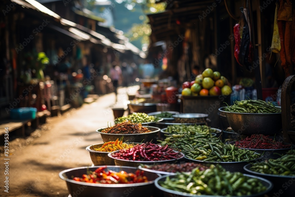 Fresh vegetable bowls line the market street, showcasing natural food produce